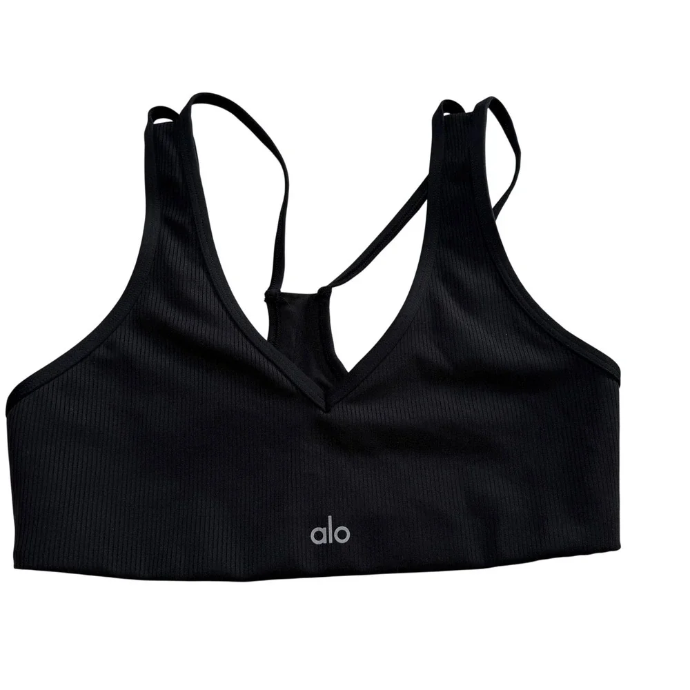 ALO Yoga Sports Bra Black Ribbed V-Neck Racerback Women's Size Medium